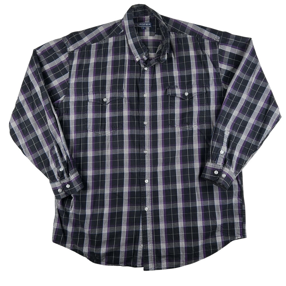 Roper Shirt Mens XL Black Plaid Long Sleeve Button Down Western Casual Western - Picture 1 of 15